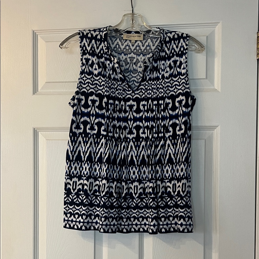Jones New York Navy and White Patterned Blouse